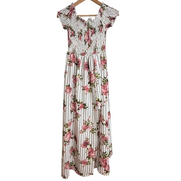 Dresses & Skirts - For Justice Romper Maxi Dress White Black Stripe Floral Smocked Off Shoulder L